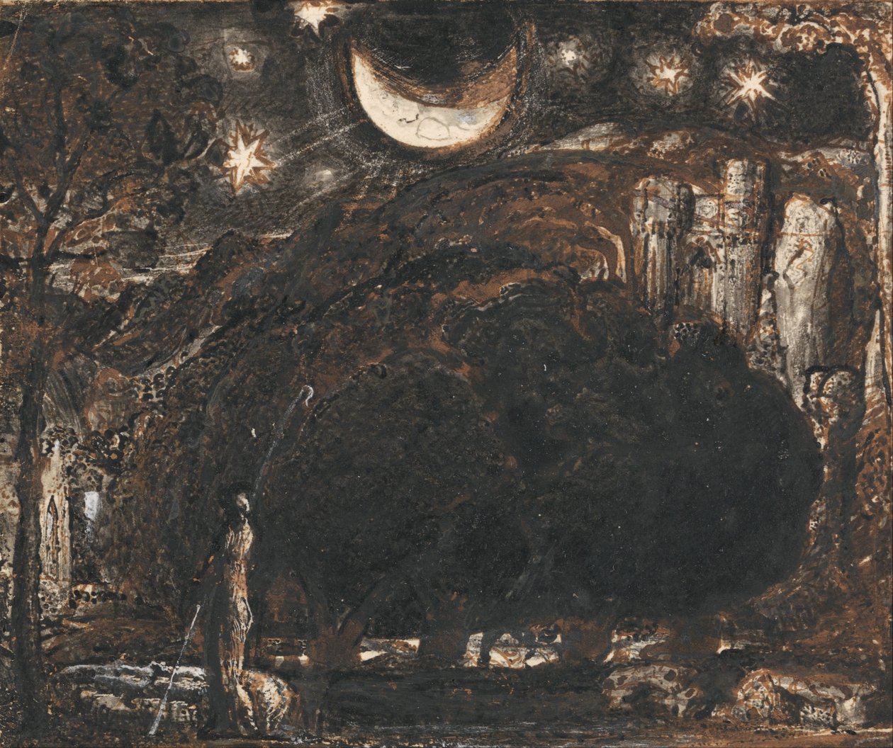 Ovčák a jeho stádo pod Měsícem a hvězdami od Samuel Palmer