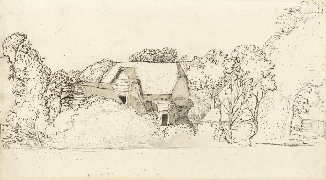 Ancient Barn at Shoreham (pero a inkoust a šedá a hnědá barva přes grafit na papíře) od Samuel Palmer
