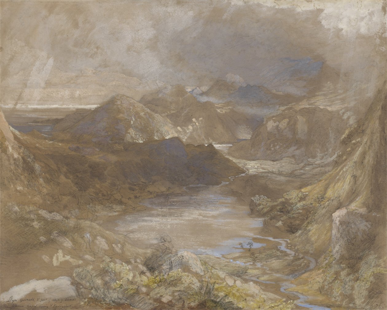 Llwyn Gwynedd a část Llyn-y-ddina mezi Capel Curig a Beddgelert, Severní Wales, 1835-36 (wc, kvaš a grafit na papíře) od Samuel Palmer