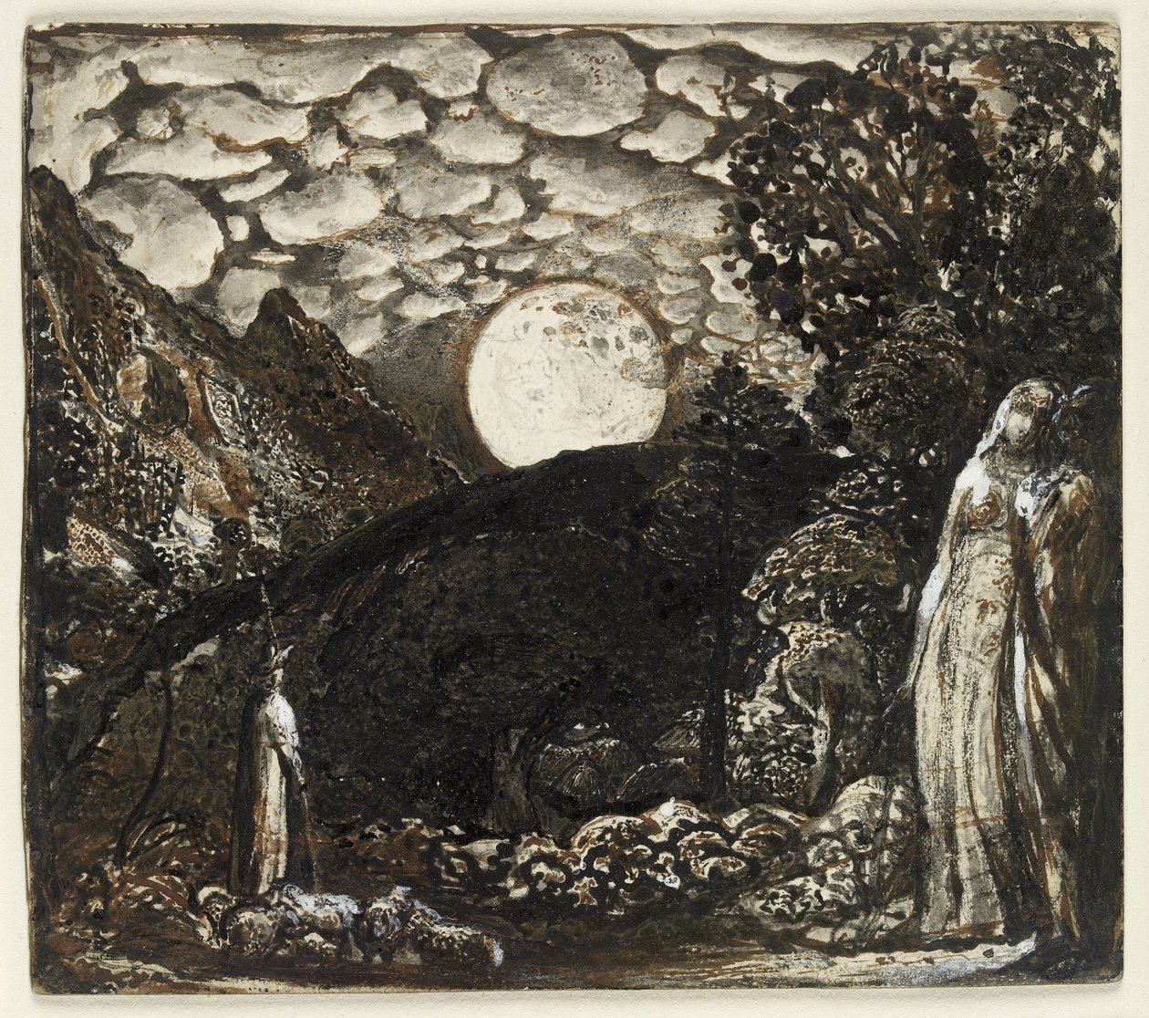 Shepherds under a Full Moon, c.1829-30 (pero a hnědý inkoust se štětcem indickým inkoustem, zvýrazněný tělovou barvou na bílé kartě) od Samuel Palmer