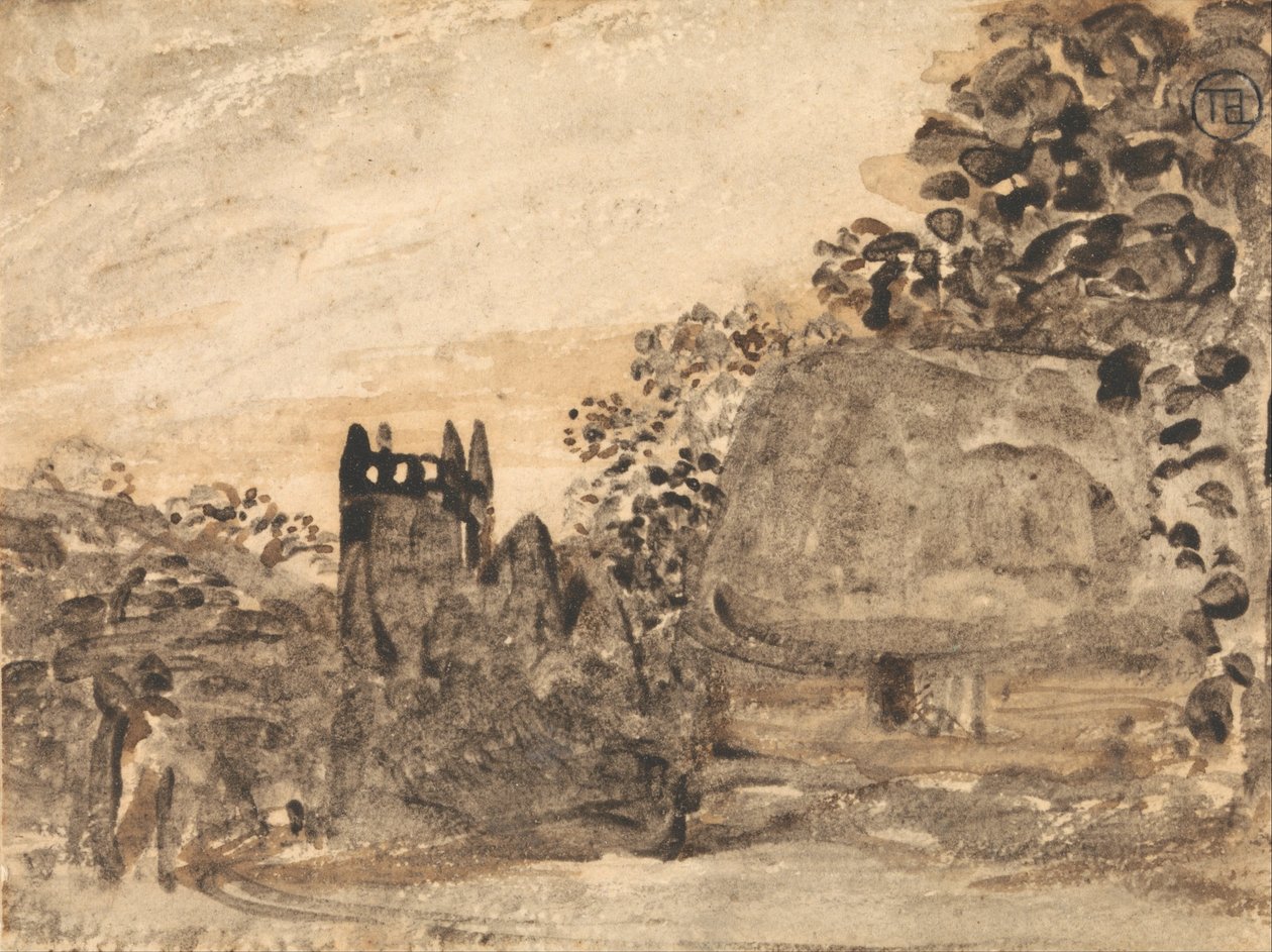 Došková chata a kostel od Samuel Palmer