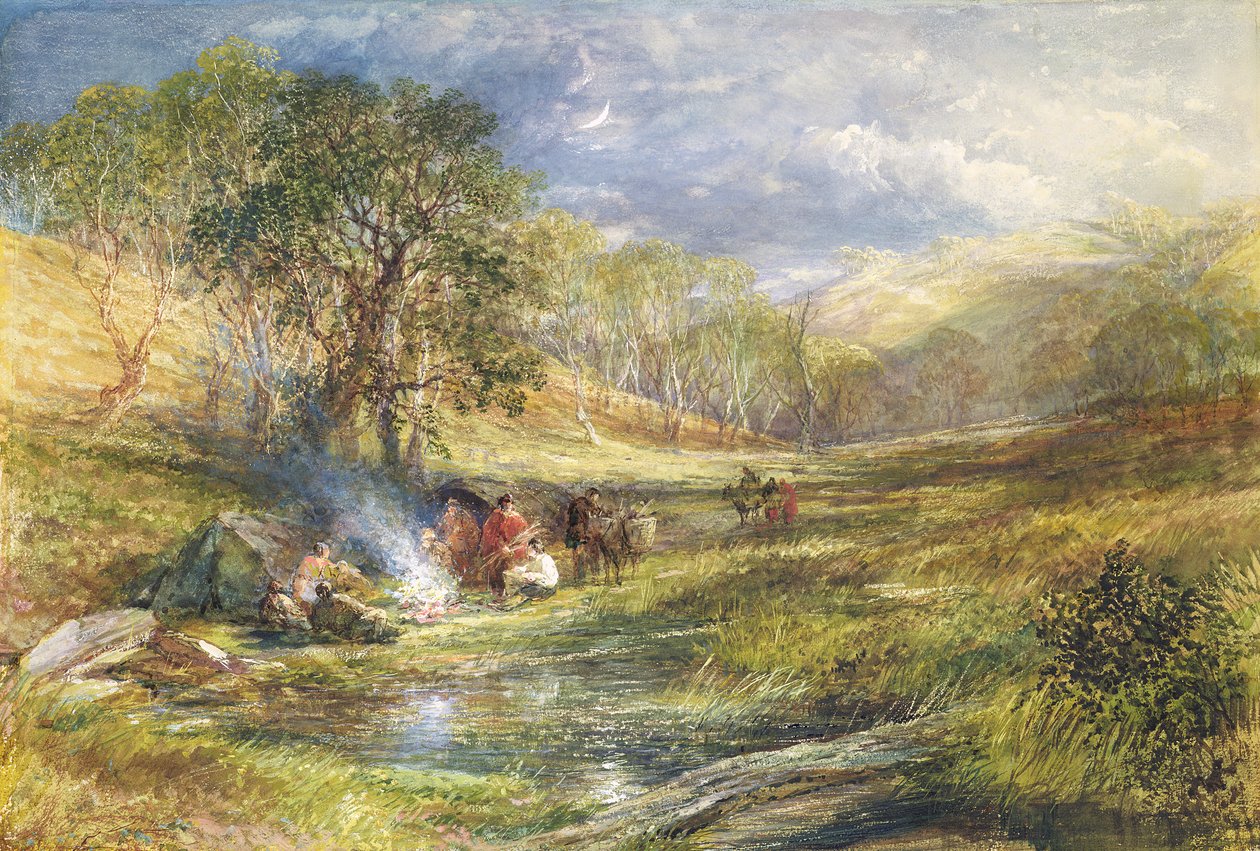 The Gypsy Dell - Moonlight (WC a barva karoserie se zlatými nádechy na papíře) od Samuel Palmer