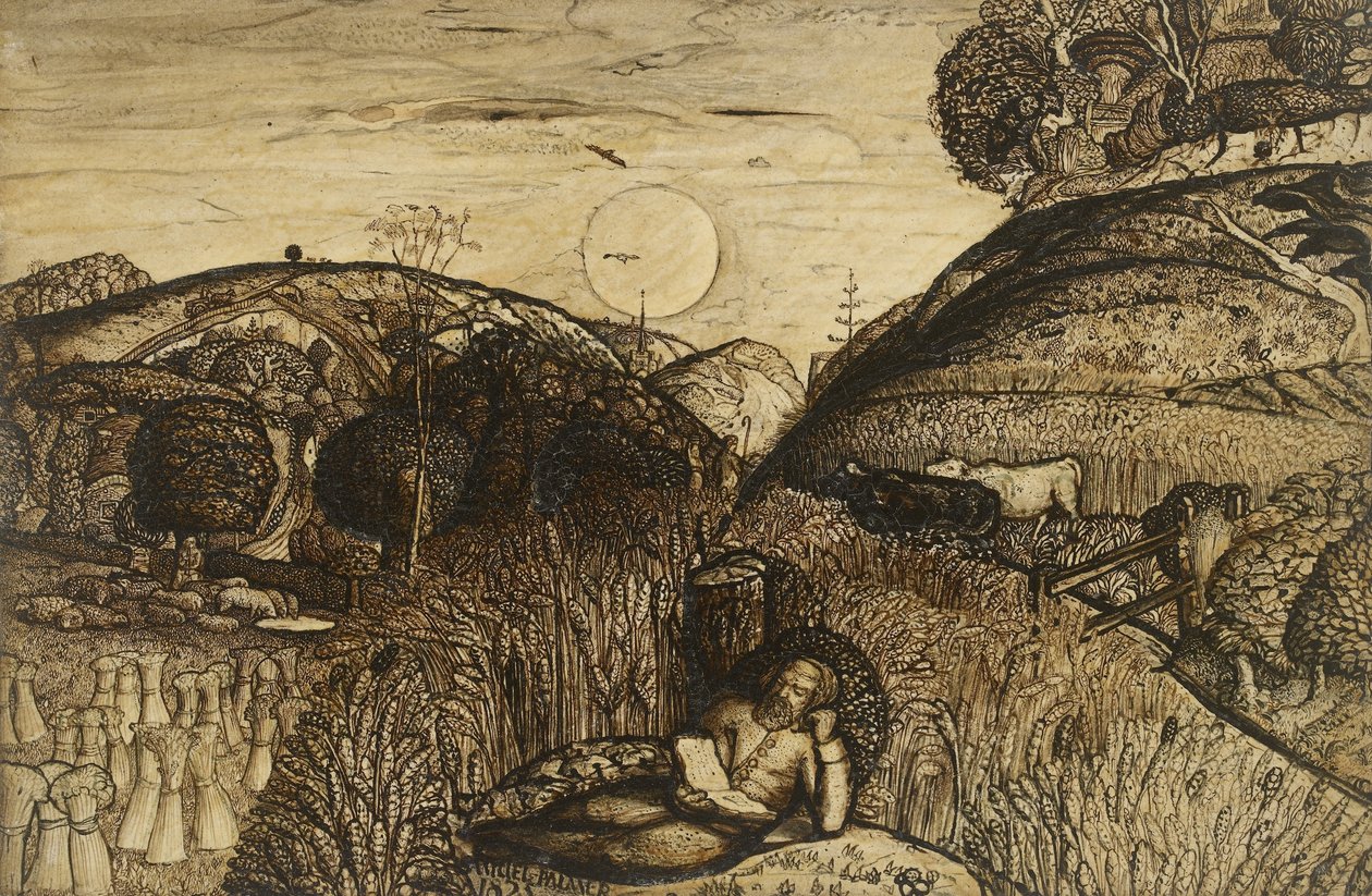 The Valley Thick with Corn, 1825 (pero a tmavě hnědý inkoust se štětcem v sépiové barvě smíchané s arabskou gumou; lakované) od Samuel Palmer