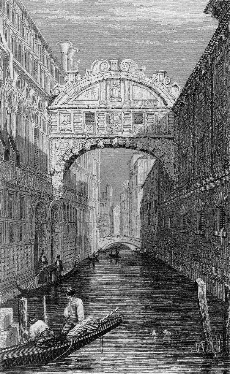 Most vzdechů, Benátky, rytý Robert Wallis, 1829 od Samuel Prout