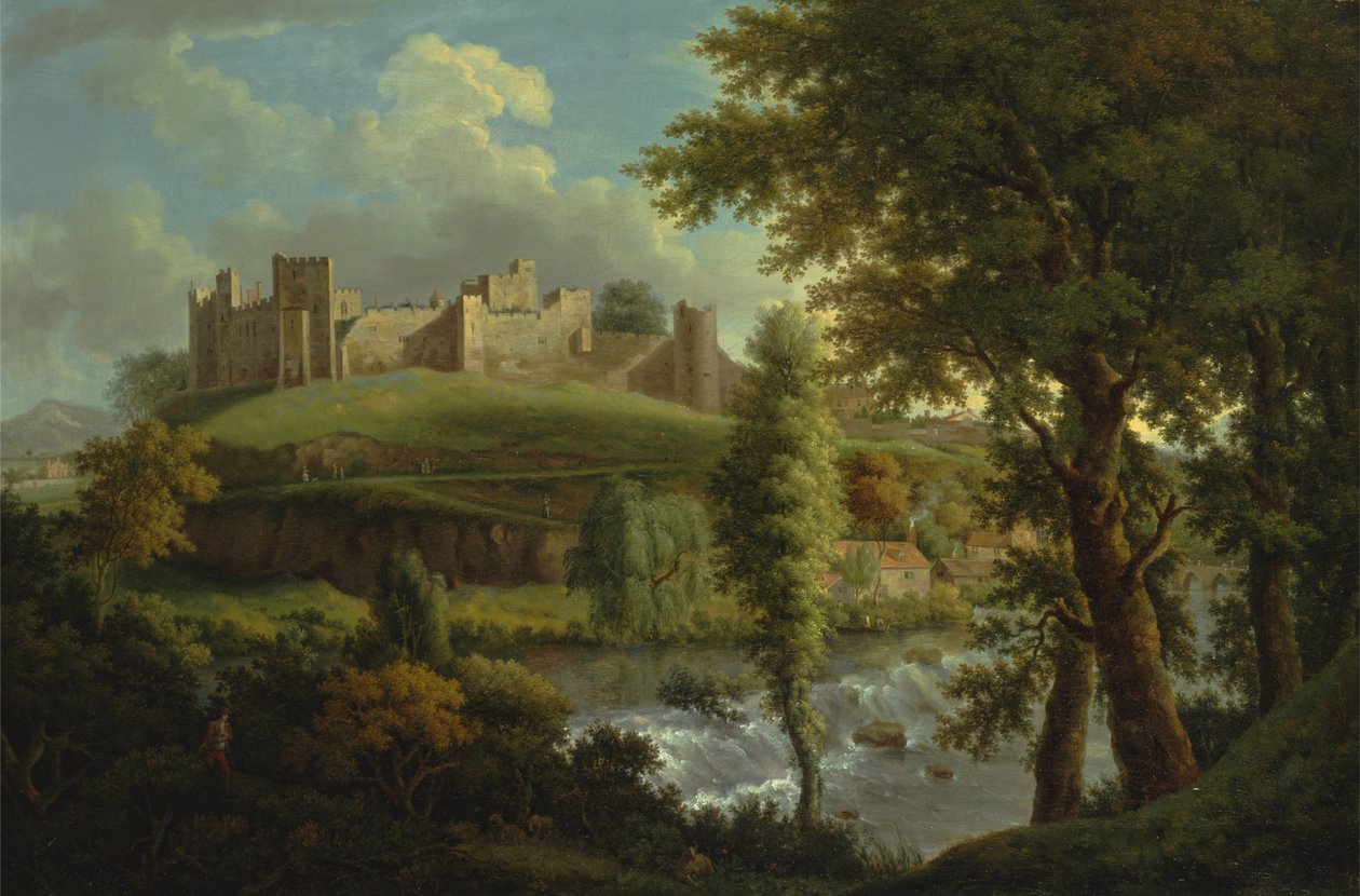 Hrad Ludlow s Dinham Weir, z jihozápadu od Samuel Scott