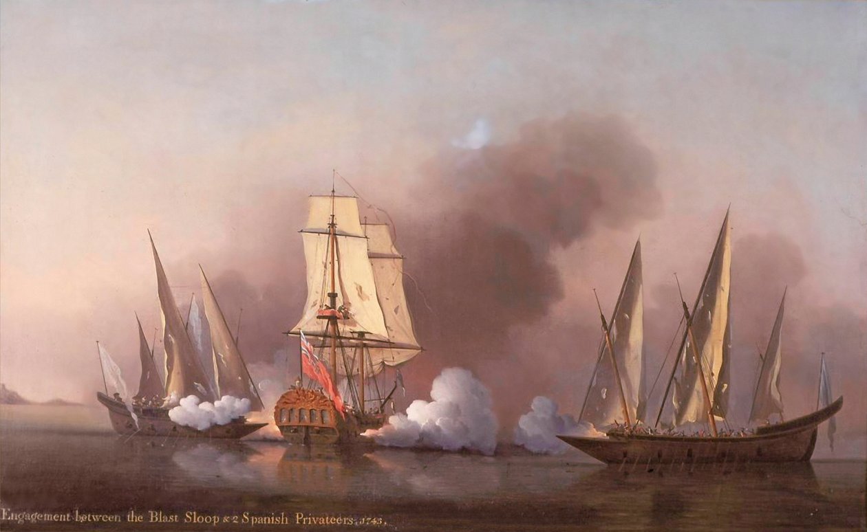 Zasnoubení mezi Blast Sloop a dvěma španělskými lupiči, 1745 od Samuel Scott