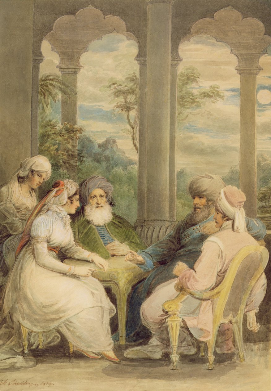 Princ Rasselas a jeho sestra konverzují ve svém letním paláci na břehu Nilu, 1804 (Wc s křídou přes grafit na papíře) od Samuel Shelley