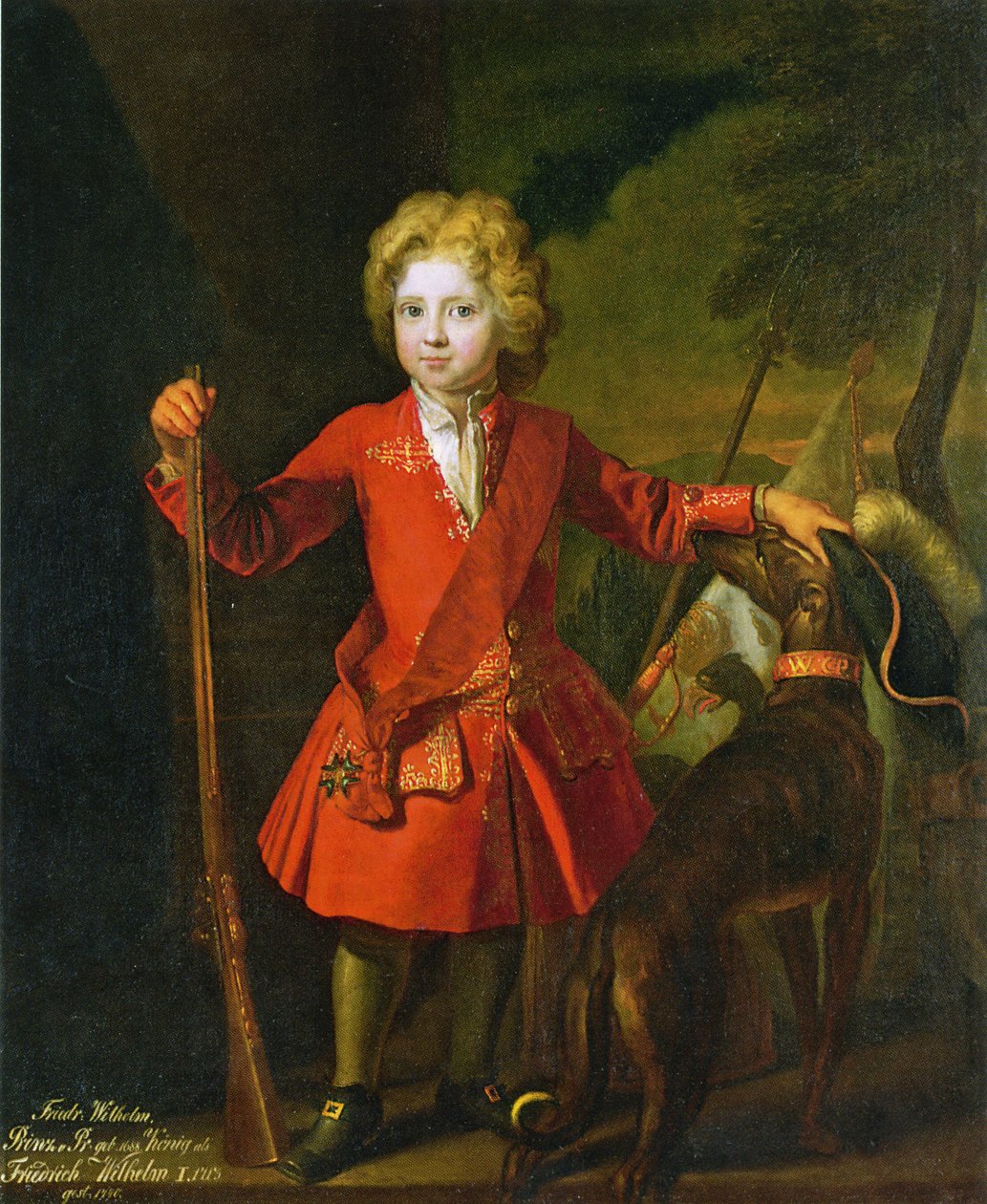 Friedrich Wilhelm I Pruska jako dítě v červeném loveckém plášti a na křídle nosil Řád černého orla od Samuel Theodor Gericke