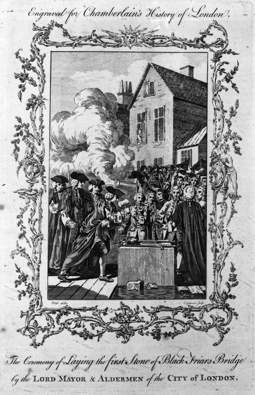 Ceremoniál položení prvního kamene mostu Blackfriars od lorda starosty a radních londýnské City, vyryl Charles Grignion, 1760 od Samuel Wale
