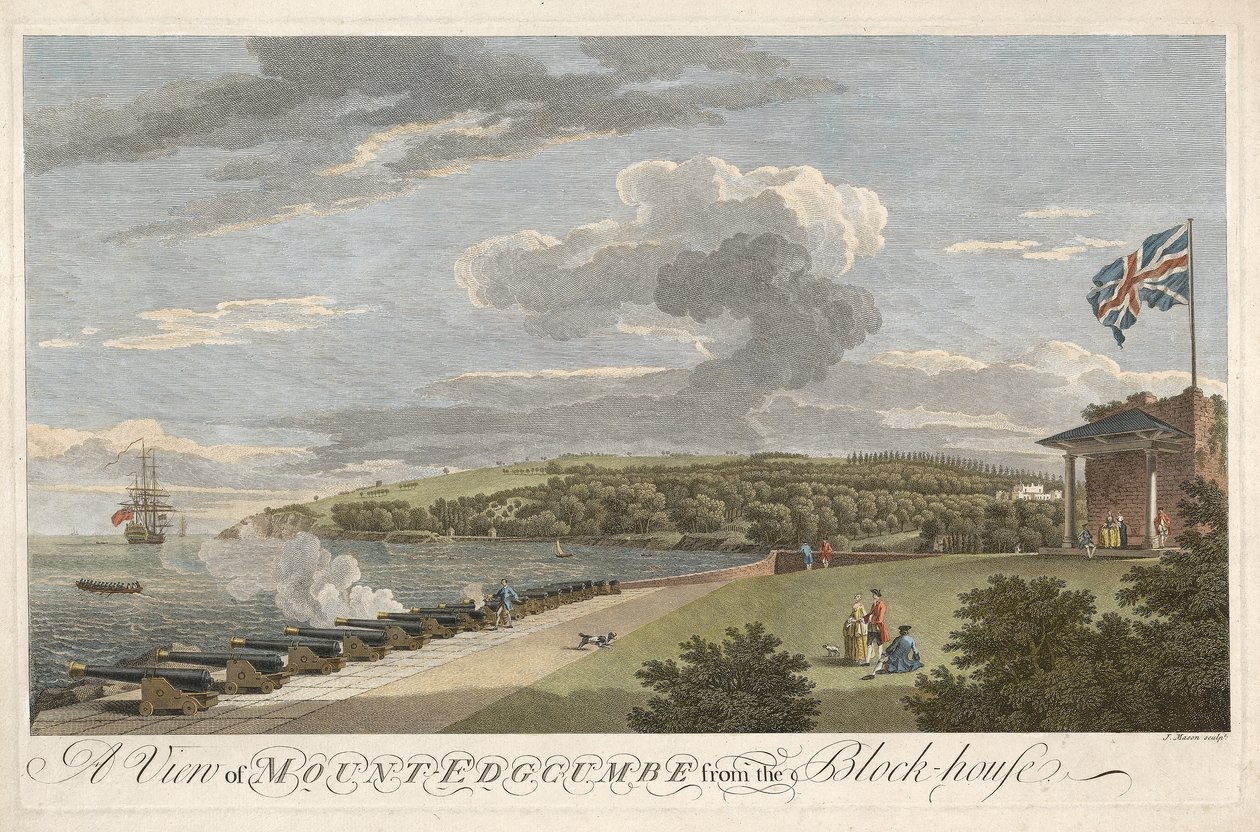 Pohled na horu Edgcumbe z Block House, hospoda. 1755 (ručně kolorovaná rytina) od Samuel after and Lambert Scott