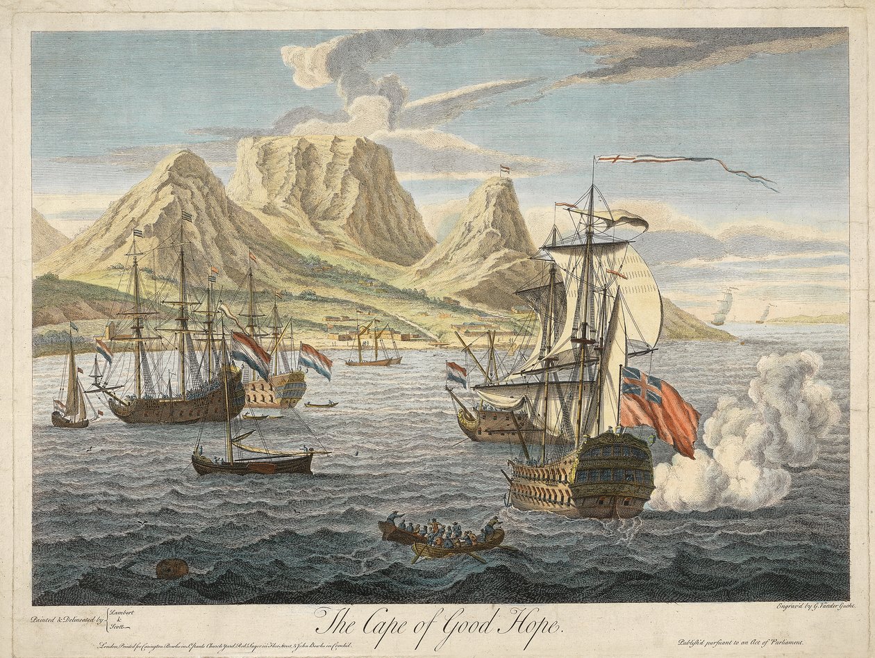 Mys Dobré naděje, hospoda. C. 1731 (ručně kolorovaná rytina) od Samuel after and Lambert Scott