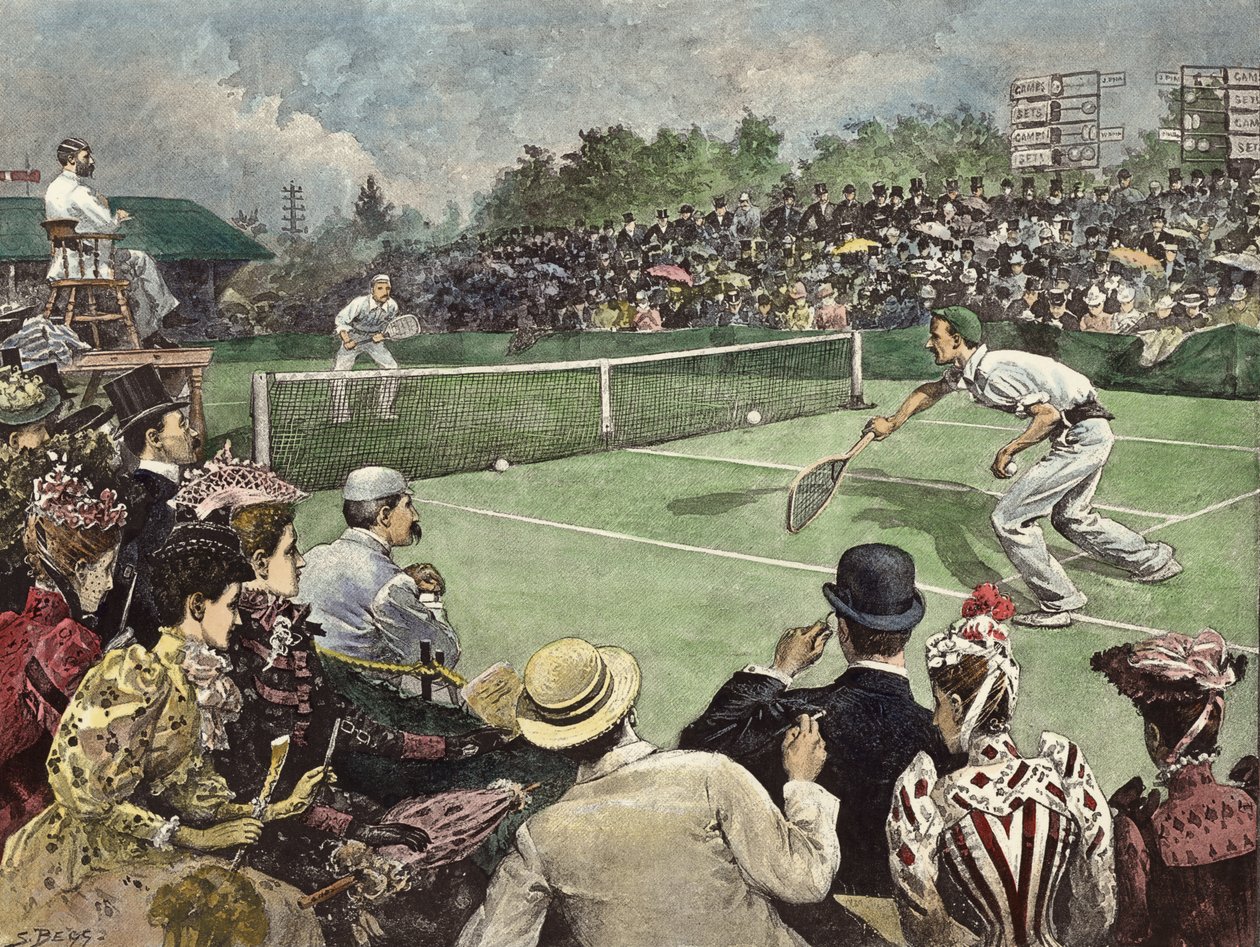 Mistrovství v tenisu na trávě ve Wimbledonu 1891, pánové W Baddeley a J Pim ve finále (kolorovaná rytina) od Samuel (after) Begg