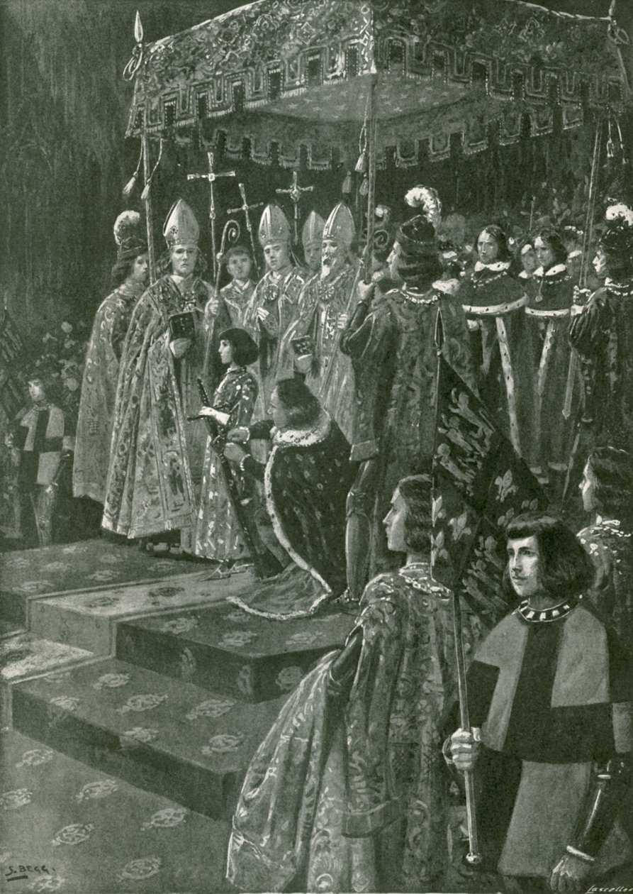 Předávání ostruh a meče při korunovaci Jindřicha VI. (litografie) od Samuel (after) Begg