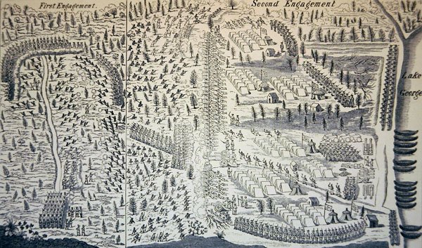 Bitva u jezera George, ve které byl zraněn Sir William Johnson (litho) od Samuel (after) Blodget