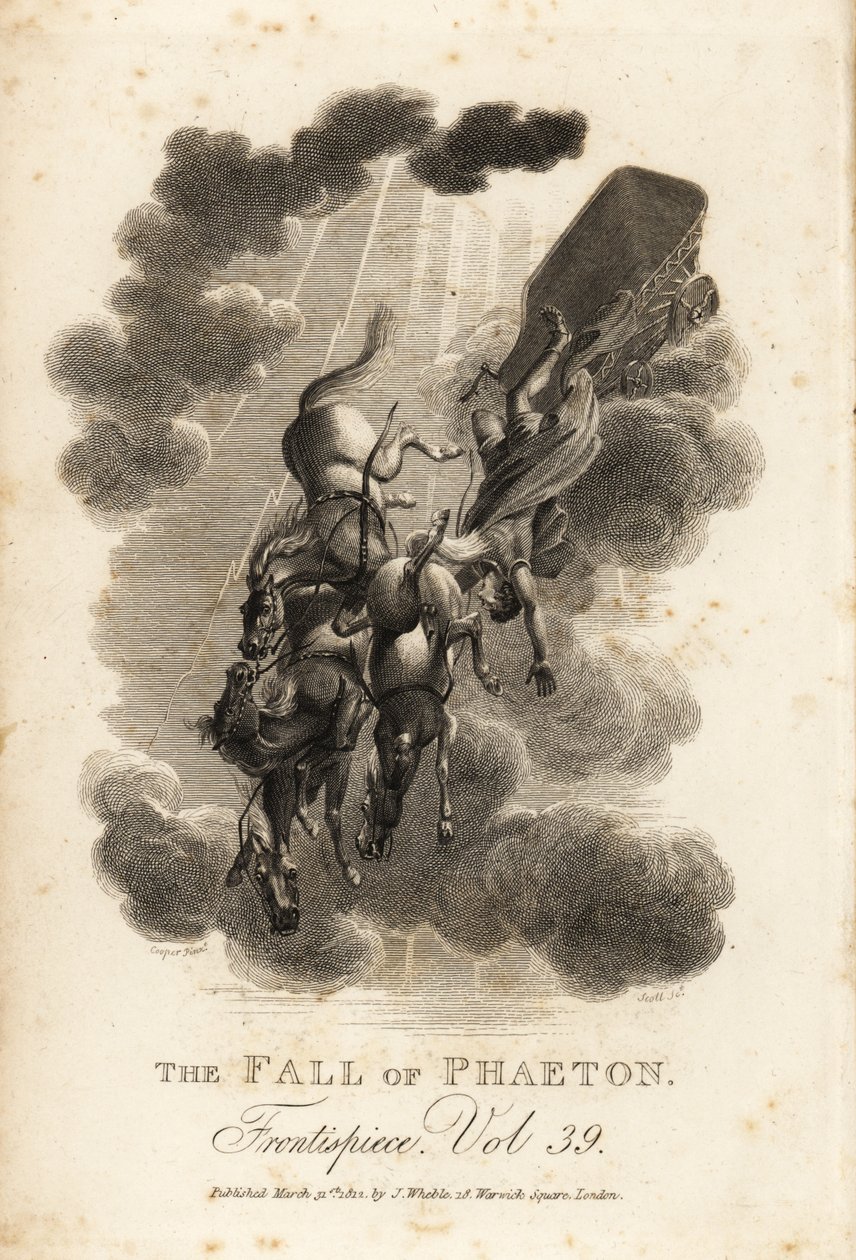 Alegorická ilustrace Phaethona, syna Hélia a Oceanid Clymene, padajícího z oblohy při řízení slunečního vozu od Samuel (after) Cooper