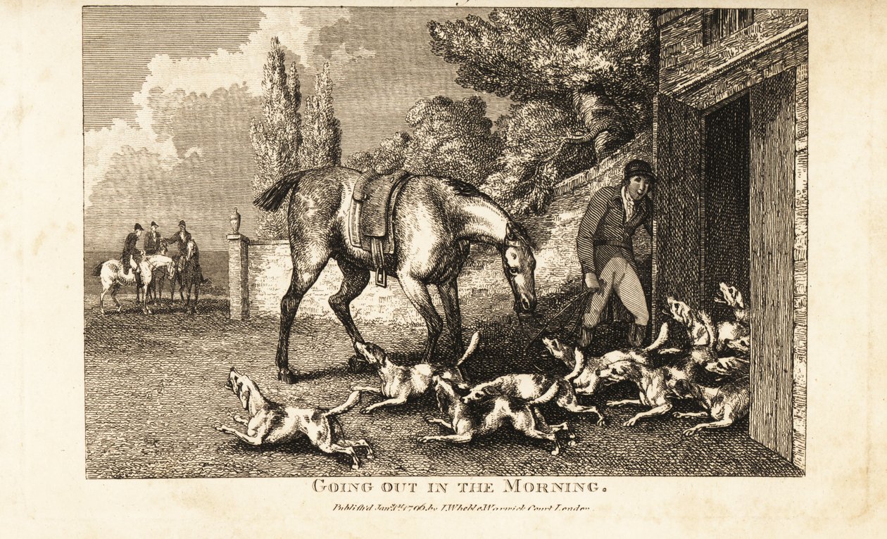 Lovec otevírá dveře boudy, aby vypustil psy, než se vydá na lov zajíců od Samuel (after) Howitt