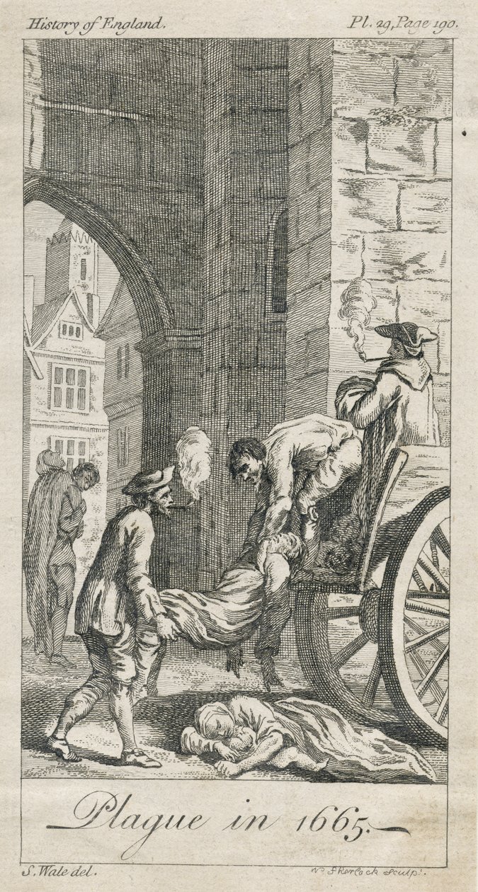Sbírání obětí moru, Holywell Lane, Shoreditch, Londýn, Velká Británie (rytina) od Samuel (after) Wale