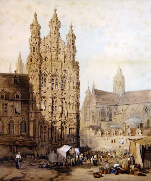 Radnice a katedrála v Lovani v Belgii, cca 1840 (akvarel na papíře) od Samuel (circle of) Prout