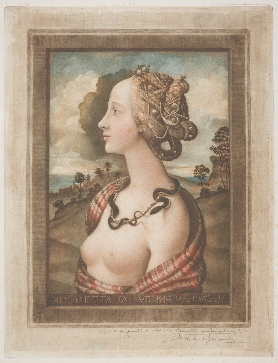 Simonetta Vespucci, cca 1900 (barevná mezzotinta na krémově tkaném papíře) od Samuel Arlent Edwards