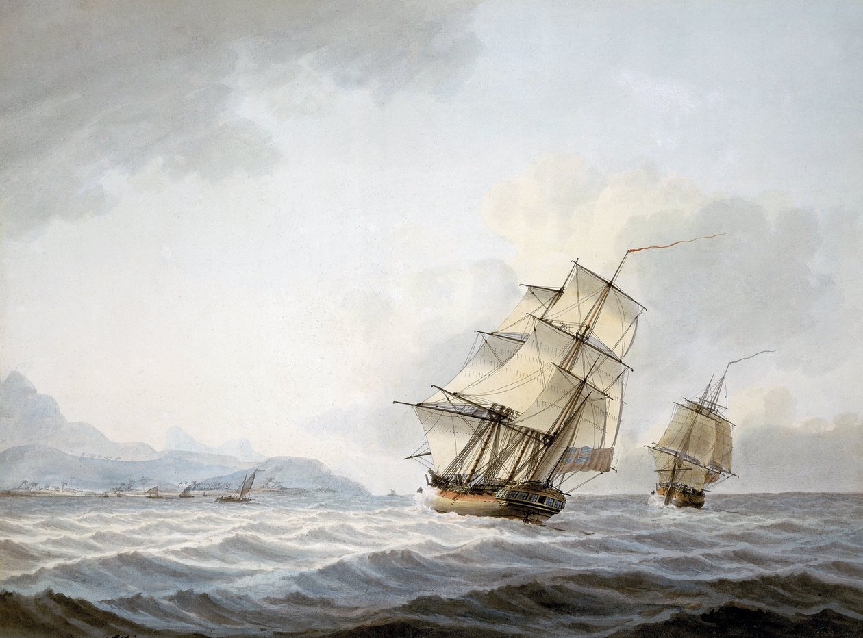 Lodě "Resolution" a "Discovery" u pobřeží Tahiti během třetí plavby (1776-1780) kapitána Jamese Cooka (1728-1779). od Samuel Atkins