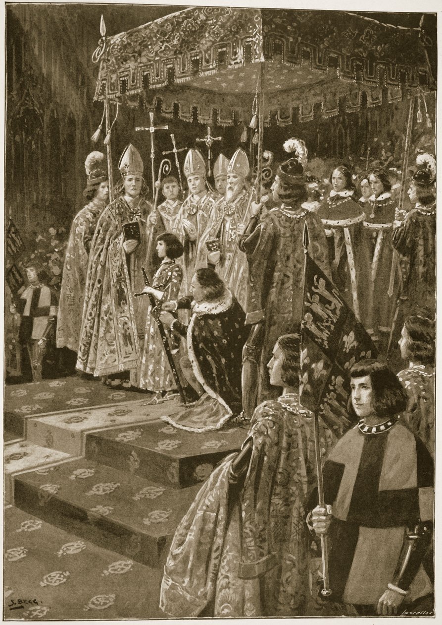 Prezentace ostruh a meče při korunovaci Jindřicha VI. na den svatého Leonarda, 6. listopadu 1429, z „The Illustrated London News“, 1902 od Samuel Begg