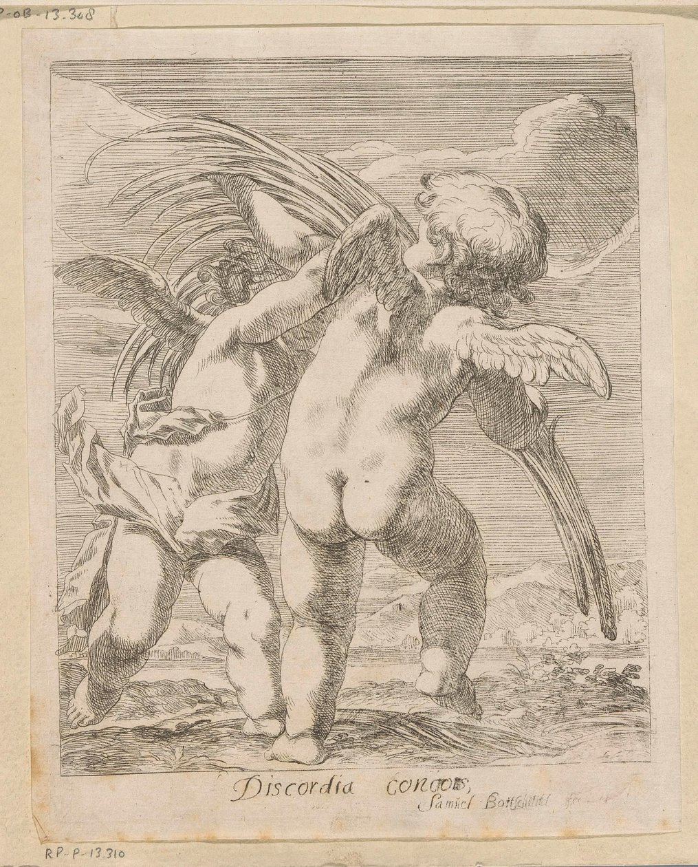 Dva putti se hádají o palmovou ratolest Discordia Concors (název na objektu) Různé designy (název série) Opera Varia Historica, Poetica & Iconologica (název série) od Samuel Bottschild