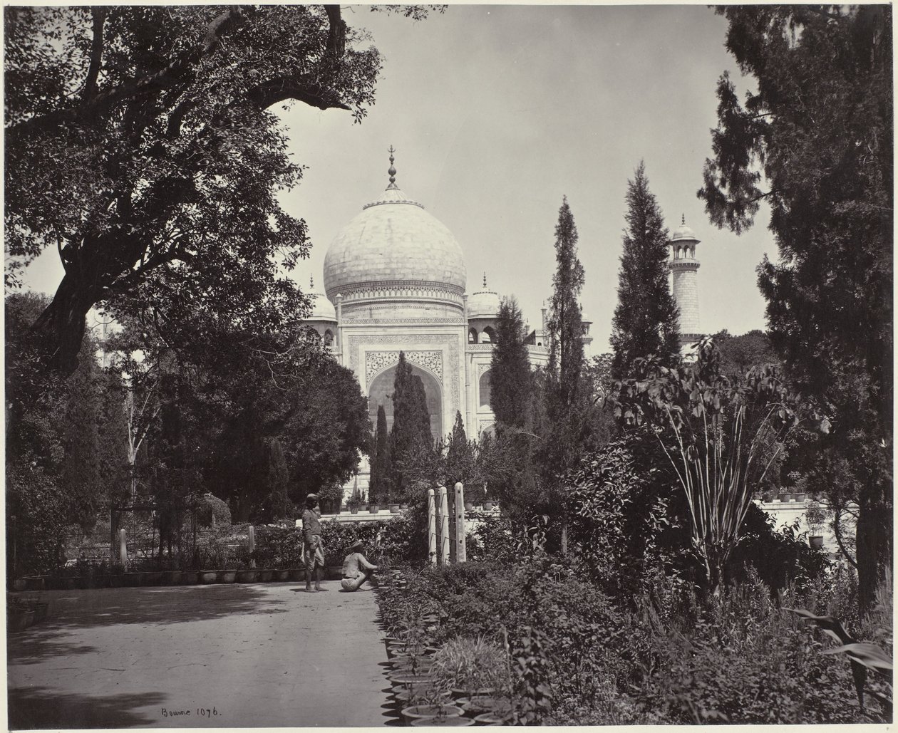 Pohled na Taj Mahal a jeho zahradu Taj, ze zahrady (původní název) Taj (název na objektu) od Samuel Bourne (signed by artist)