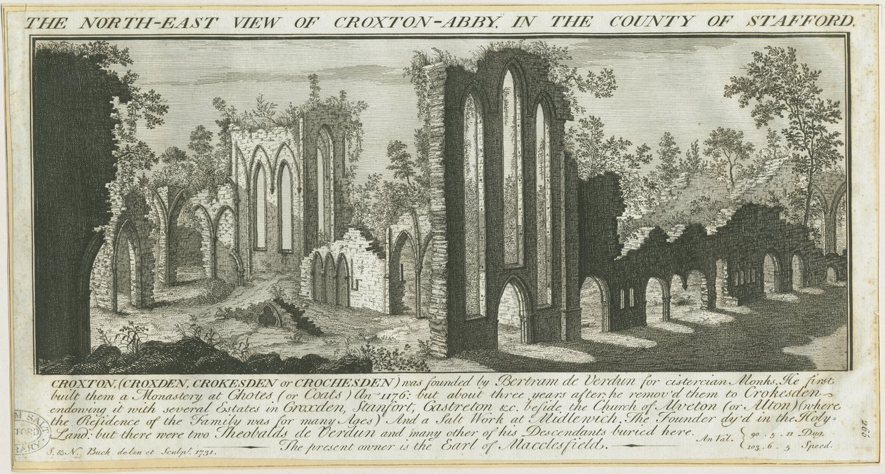 Croxden Abbey: rytina od Samuel Buck