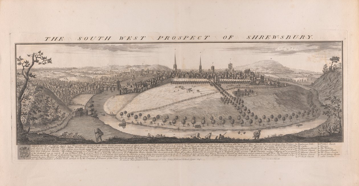 South West Prospect of Shrewsbury, Shropshire od Samuel Buck