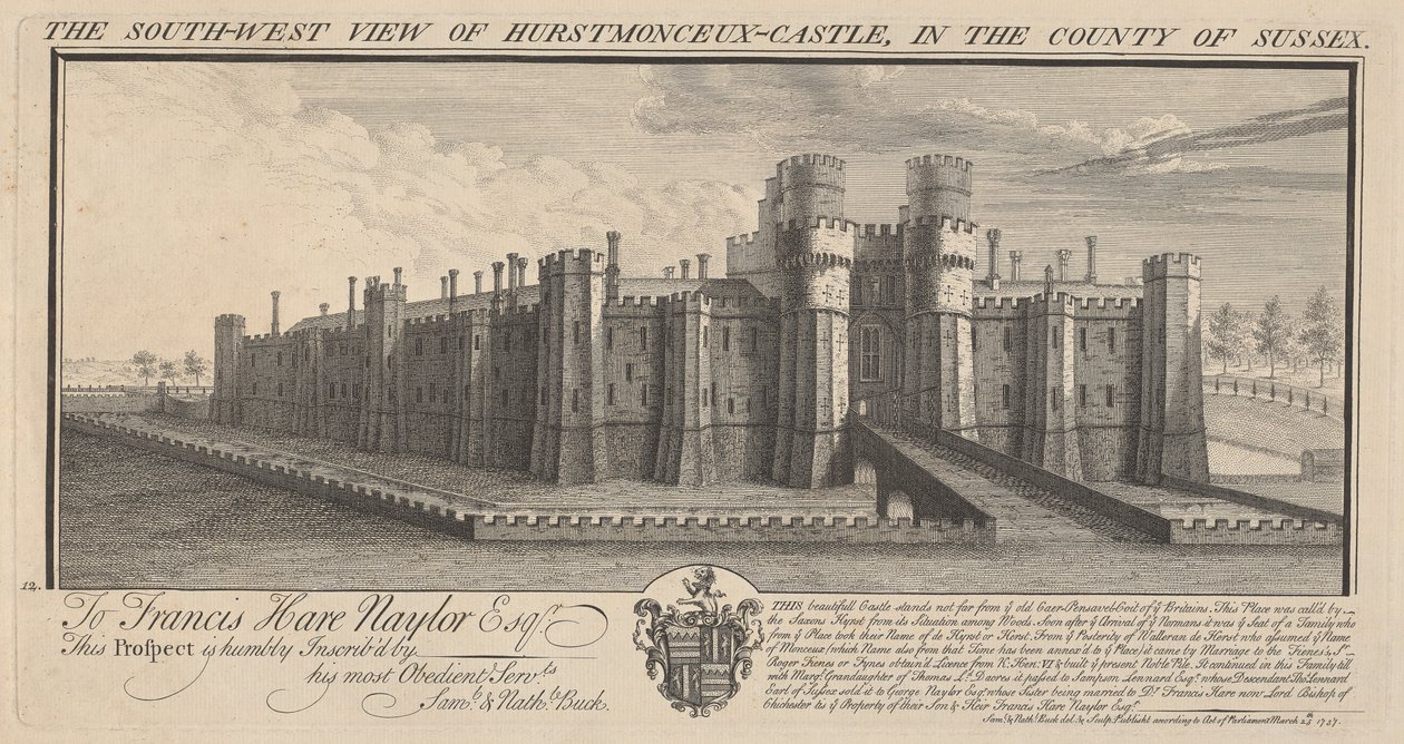 Jihozápadní pohled na hrad Herstmonceux v hrabství Sussex od Samuel Buck