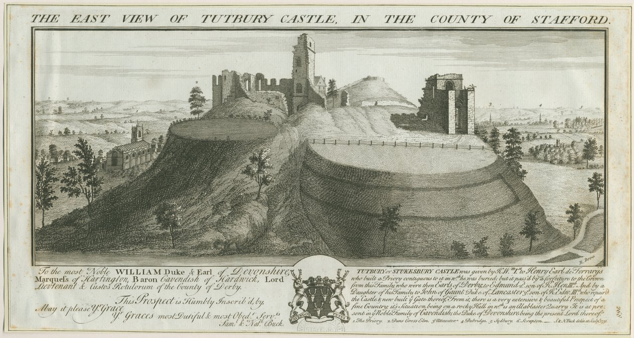 Tutbury Castle - East View: rytina od Samuel Buck