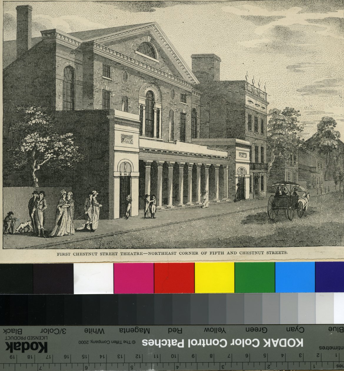 First Chestnut Street Theatre, Northeast Corner of Fifth and Chestnut Streets, c.1820 (dřevořez) od Samuel Castner