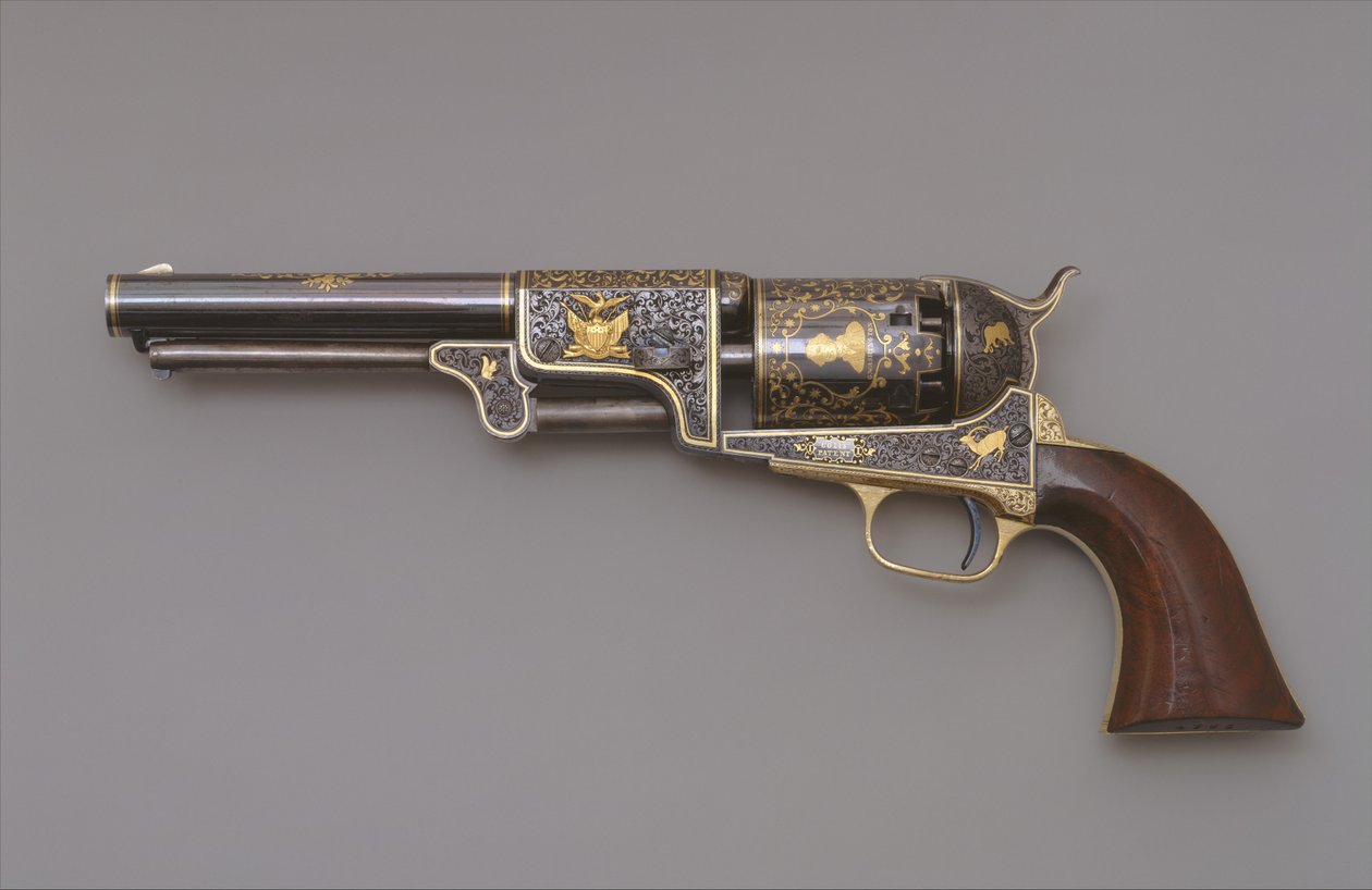 Colt Third Model Dragoon perkusní revolver, cca 1853 (ocel, mosaz, zlato a ořechové dřevo) od Samuel Colt