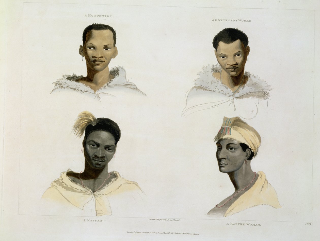 Hottentot, Hottentotka, Kaffre, Kaffre: čtyři viněty na hlavě a ramenou, deska 14 z  od Samuel Daniell