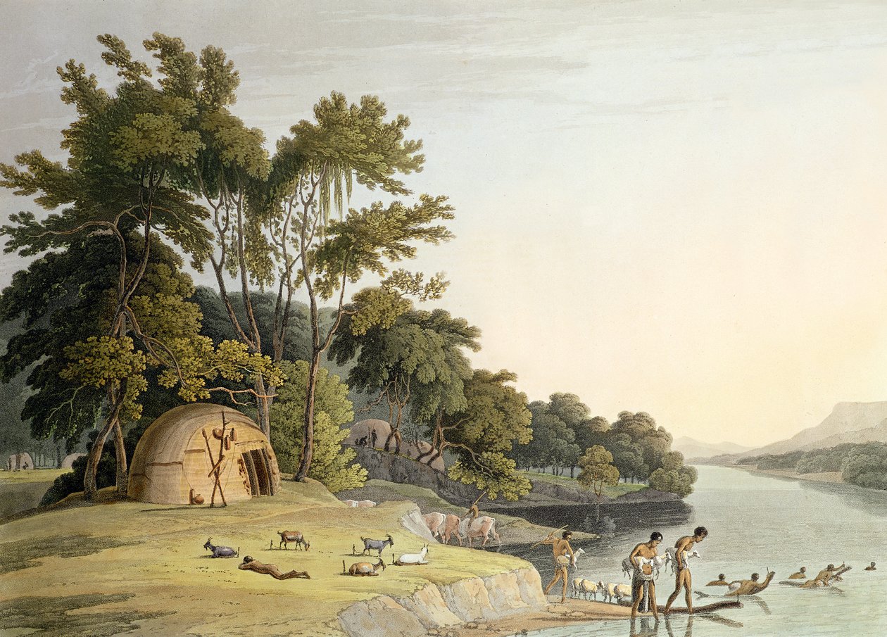 Vesnice Korah Hottentot na levém břehu řeky Orange, deska 1 z „African Scenery and Animals“, vyrytá umělcem, 1804 (akvatinta) od Samuel Daniell