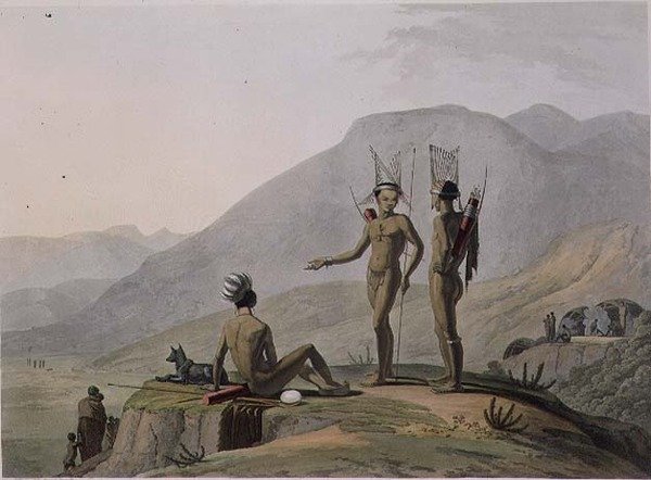 Bush-Men Hottentots Armed for an Expedition, deska 2 z „African Scenery and Animals“, vyryto umělcem od Samuel Daniell