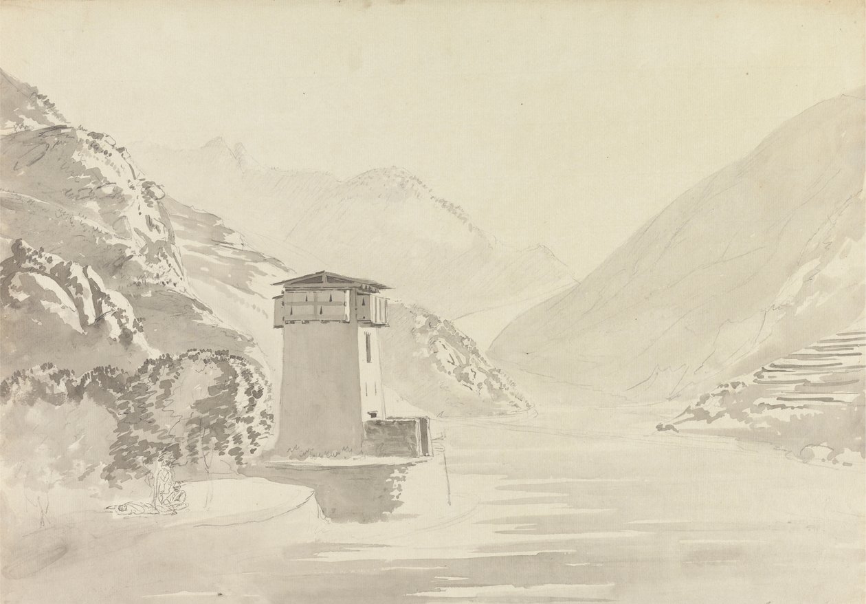Pohled z mostu ve Wandepore [Wangdu Phodrang] od Samuel Davis