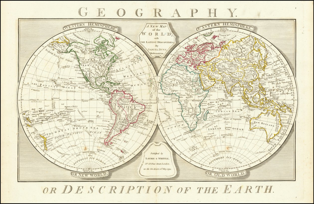 Mapa světa z roku 1794 od Samuela Dunna od Samuel Dunn