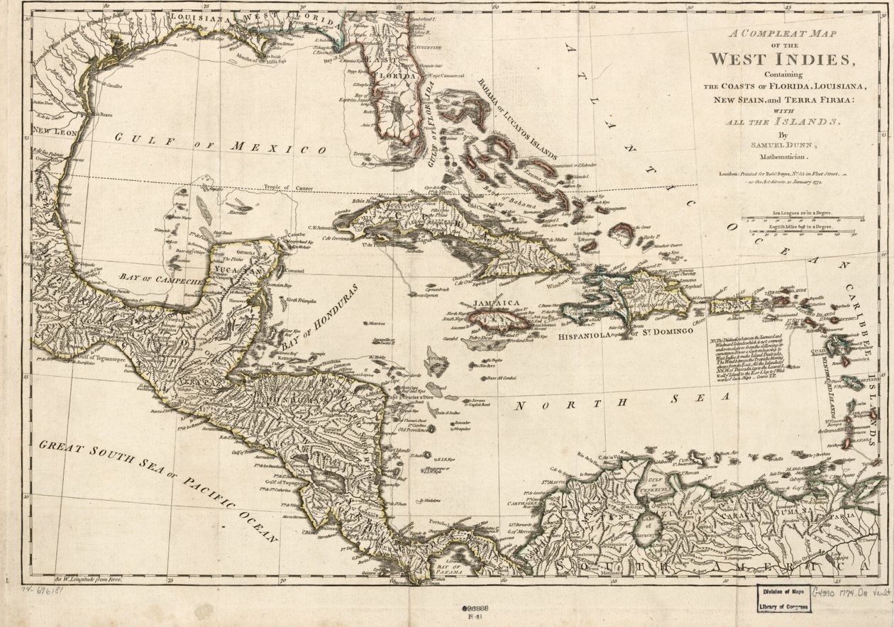 Úplná mapa Západní Indie s pobřežím Floridy, Louisiany, Nového Španělska a Terra Firmy: se všemi ostrovy. od Samuel Dunn