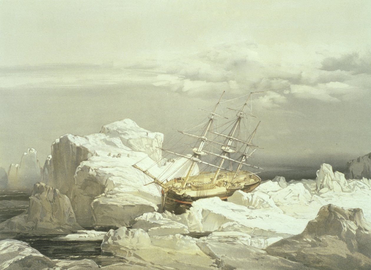 Kritická pozice H.M.S. Vyšetřovatel na severním pobřeží ostrova Baring, 20. srpna 1851, vyryl William Simpson, vydal Ackermann und Co., 1854 od Samuel Gurney Cresswell