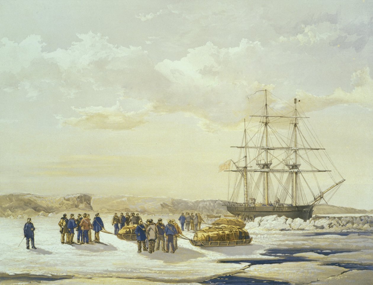 Sáňkařská párty opouštějící H.M.S. Investigator in Mercy Bay, 15. dubna 1853, vyryto E. Walkerem, vydal Ackermann und Co., 1854 od Samuel Gurney Cresswell