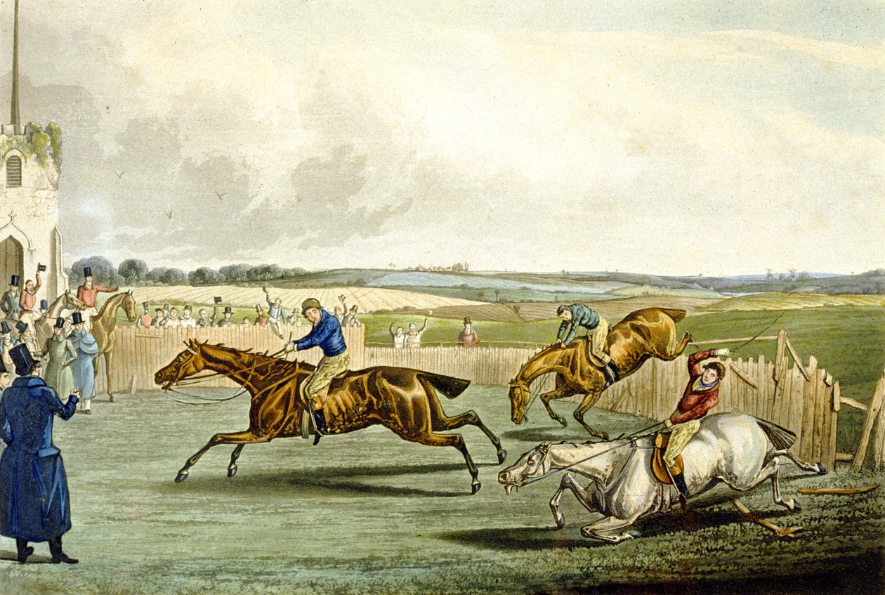 Forth Mile, ze Steeplechasing, vyryl Charles Hunt (1829-1900) (barevně lito) od Samuel Henry (after) Alken