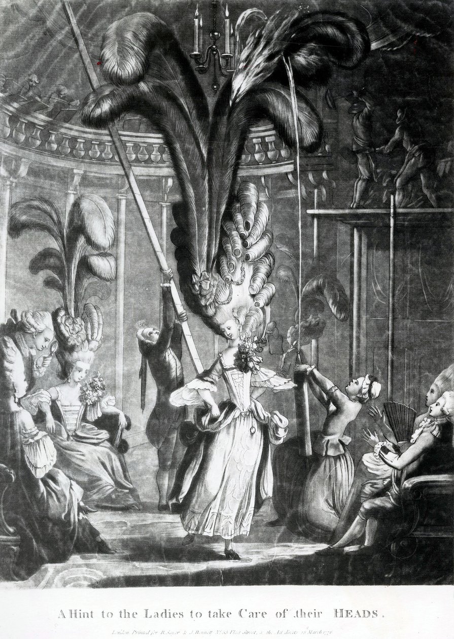 A Hint to the Ladies to care of their Heads, vydal Sayer und Bennett (1774-1786), 1776 (mezzotinta) od Samuel Hieronymous Grimm