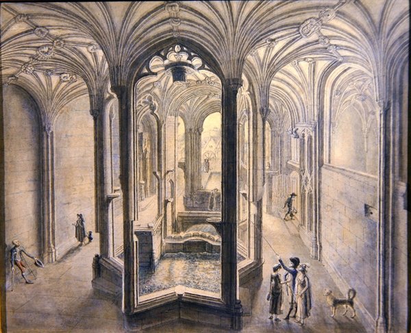 Vnitřní pohled na Holywell Spa, Severní Wales (akvarel s perem a inkoustem na papíře) od Samuel Hieronymous Grimm