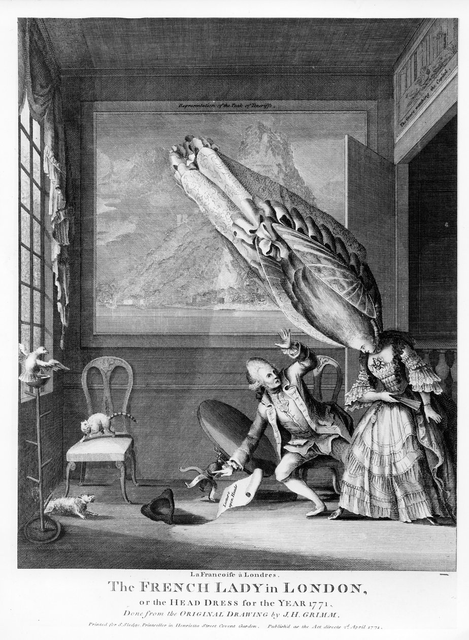 Francouzská dáma v Londýně aneb The Head Dress of the Year 1771, vytištěno pro S. Sledge, 1771 od Samuel Hieronymous Grimm