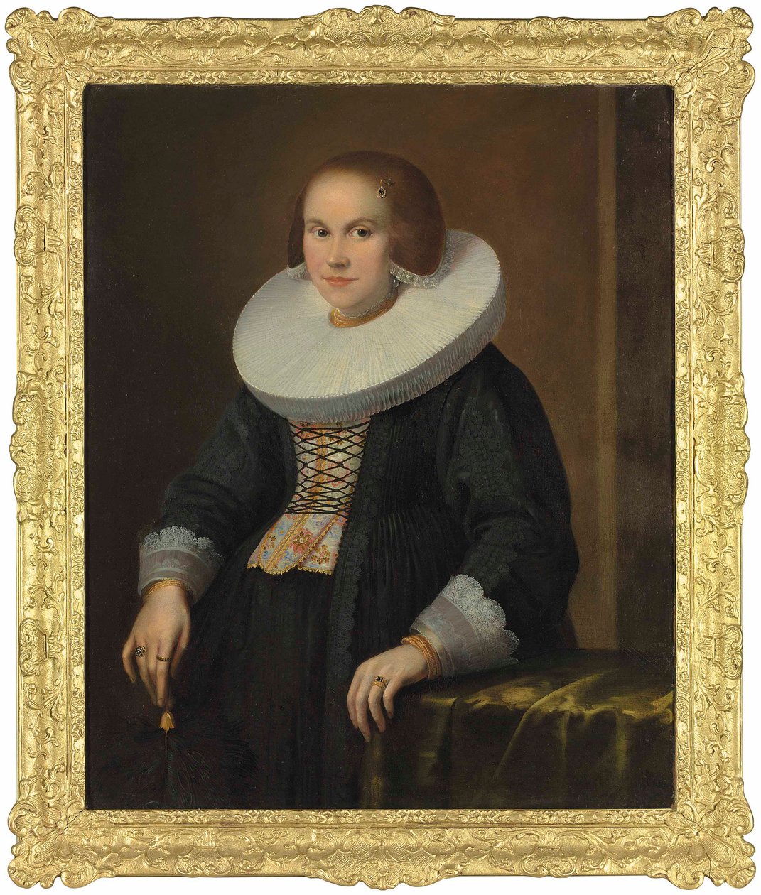 Portrét mladé dámy, polodlouhé, držící pírko, cca 1636 (olej na plátně) od Samuel Hofmann