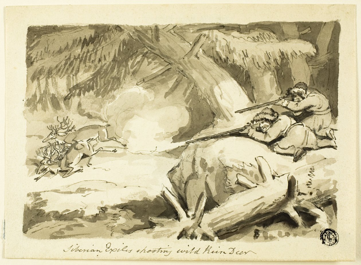 sibiřští vyhnanci střílející divoké soby (recto); Shell (verze) od Samuel Howett