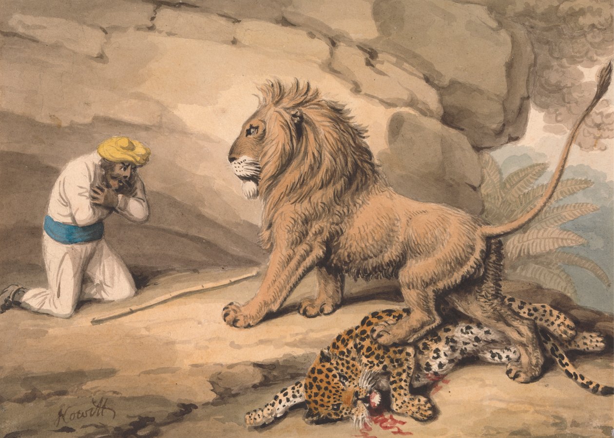 Lev stojící nad zraněným leopardem od Samuel Howitt