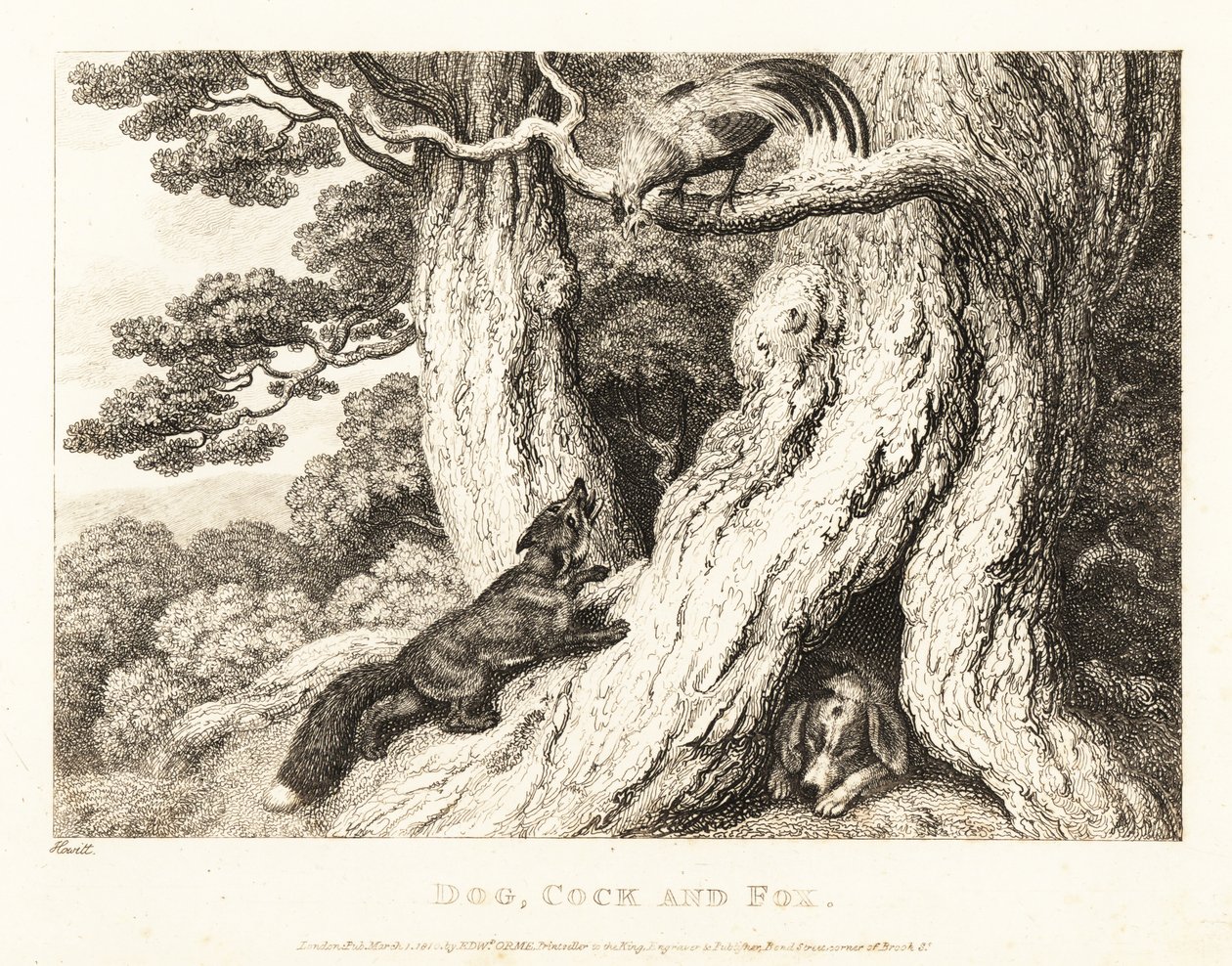 Kohout na stromě přelstí lišku, zatímco pes spí. 1811 (lept) od Samuel Howitt