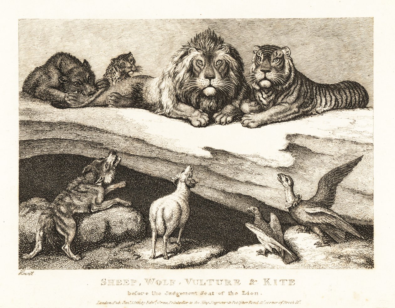 Soudní případ mezi zvířaty se lvem a tygrem jako soudci. 1811 (lept) od Samuel Howitt